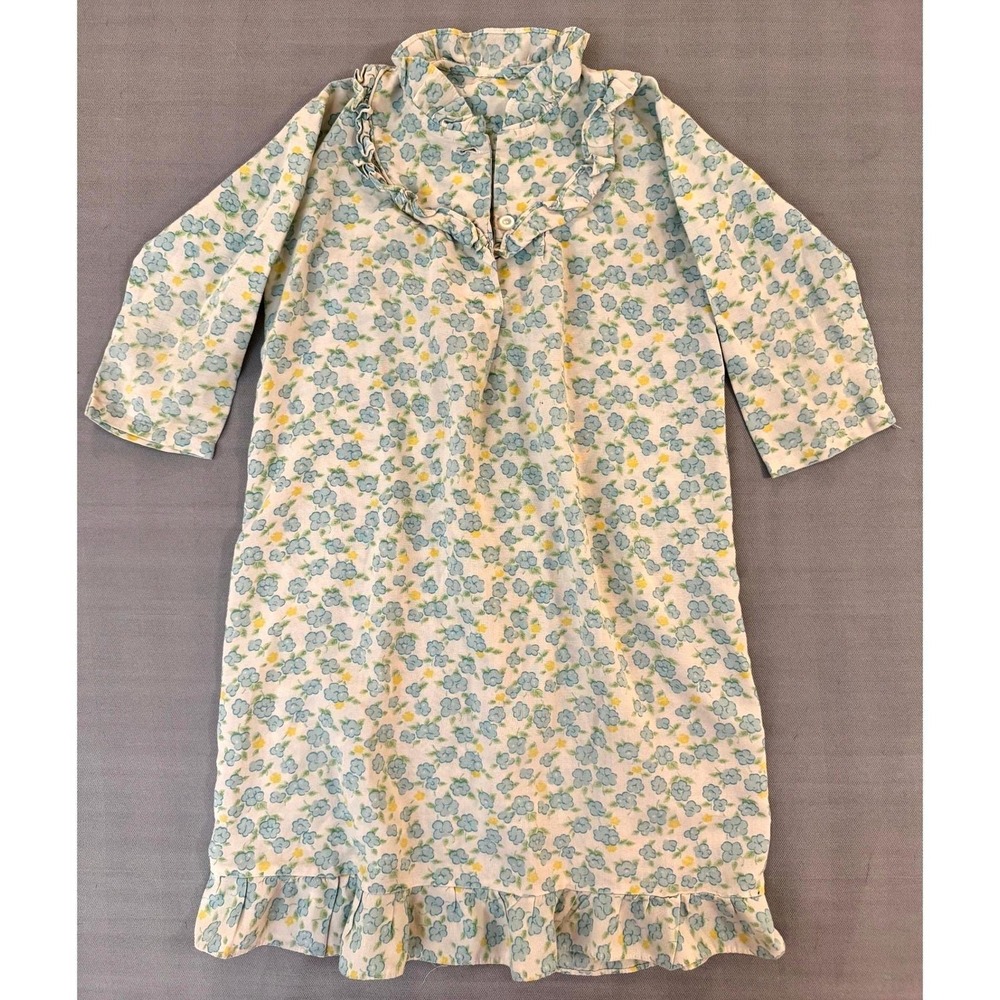 Vintage 1950s Floral Kids Nightgown Ruffle Collar Cotton Blend Cottagecore Dress